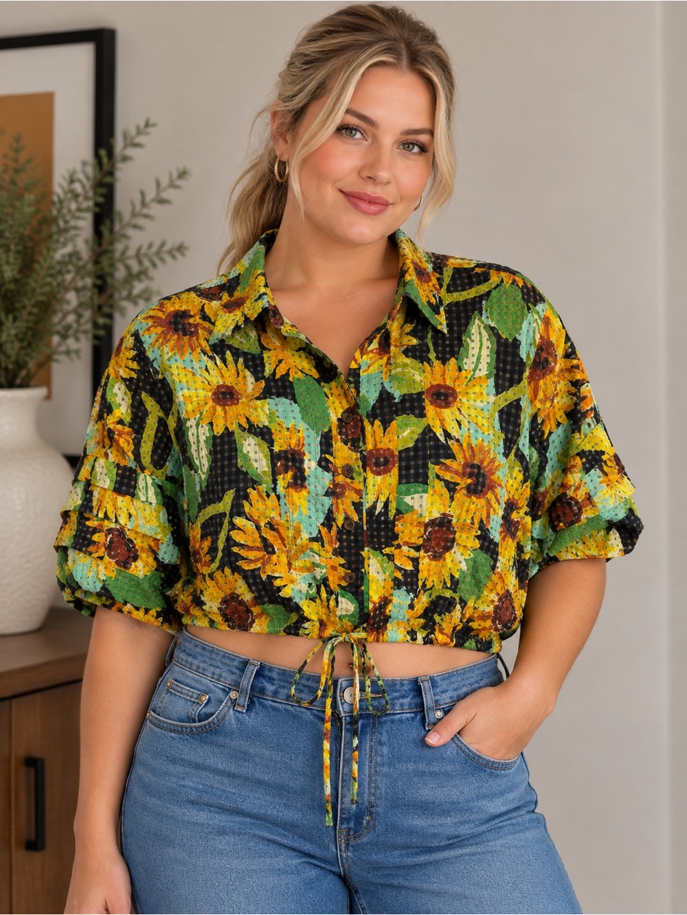 Maeve Cropped Sunflower Button-Down in Yellow and Green
